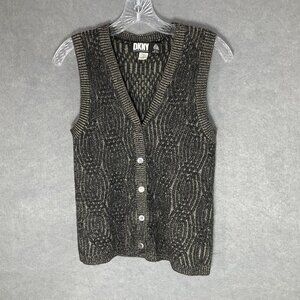 DKNY Jeans Pure Wool Knit Sweater Sz S Button Up Vest‎ Grandma Cottagecore Vtg